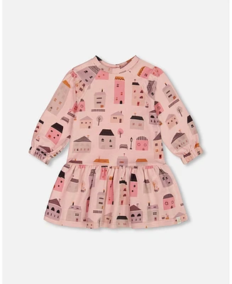 Deux par Baby Girls Printed French Terry Dress Pink And Coral Houses