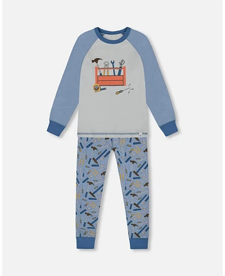 Deux par Baby Boys Organic Cotton Long Sleeve Top And Pants Two-Piece Pajama Set Tools On Bluish Gray Background