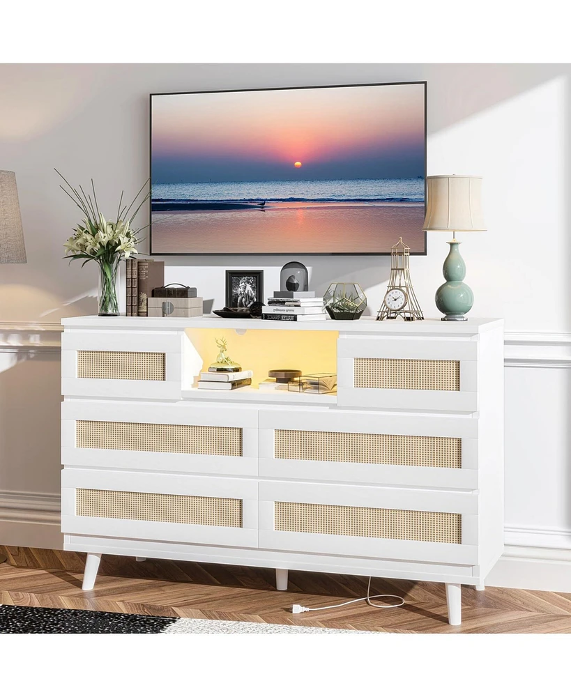 gaomon Modern 6-Drawer Natural Rattan Dresser with Rgb Led Lights & Charging Station