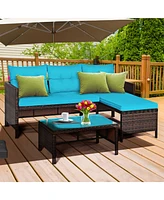 Gymax 3PCS Outdoor Rattan Furniture Set Patio Couch Sofa Set w/ Turquoise Cushion