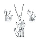 Bling Jewelry 3D Geometric Jewelry Set Origami Jewelry Animals Kitten Cat Stud Earrings & Pendant Necklace For Women .925 Sterling Silver