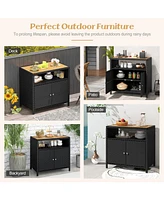 Gouun Rattan Storage Cabinet with Acacia Wood Countertop for Poolside Deck and Patio