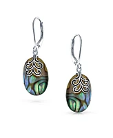 Bling Jewelry Oval Rainbow Abalone Shell Swirl Dangle Earrings in Sterling Silver