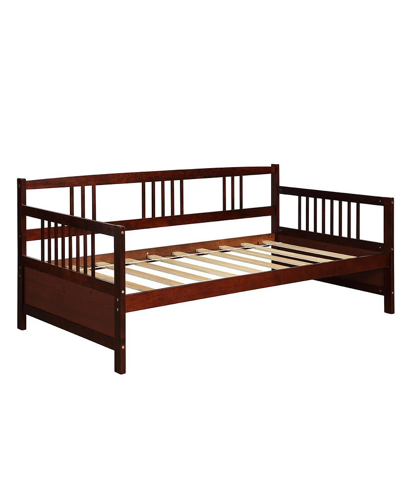 Gymax Twin Wooden Slats Daybed Frame Support Platform W/Rails Cherry