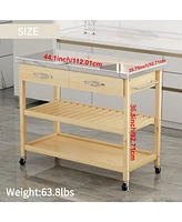 Boyel Living Stainless Steel Countertop Solid Wood Kitchen Cart with Storage Drawers and Shelves, Rotatable Kitchen Island with Steel Table Top and To