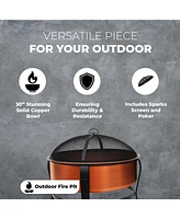 Four Seasons Courtyard 30" Copper Fire Pit with Screen and Poker, Black/Copper