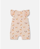 Deux par Baby Girls Printed Muslin One Piece Romper Peach With Pears