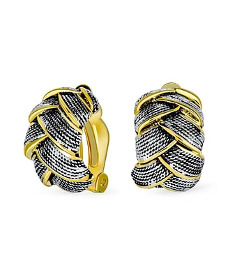 Bling Jewelry Half Hoop Shrimp Style Two Tone Woven Cable Braided Dome Weave Clip On Earrings Non Pierced Ears Oxidized Silver Gold Plated Brass