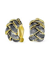 Bling Jewelry Half Hoop Shrimp Style Two Tone Woven Cable Braided Dome Weave Clip On Earrings Non Pierced Ears Oxidized Silver Gold Plated Brass
