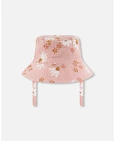 Deux par Baby Girls Printed Muslin Bucket Hat Pink And White Flowers