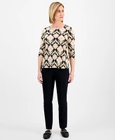 Jm Collection Petite Adriana Azulejos 3/4-Sleeve Jacquard Top, Exclusively at Macy's