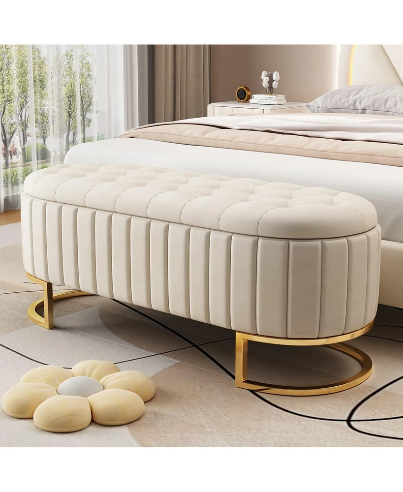 The Pop Home Elegant Velvet Upholstered Storage Ottoman Bench with Sturdy Metal Legs for Bedroom or Living Room-The