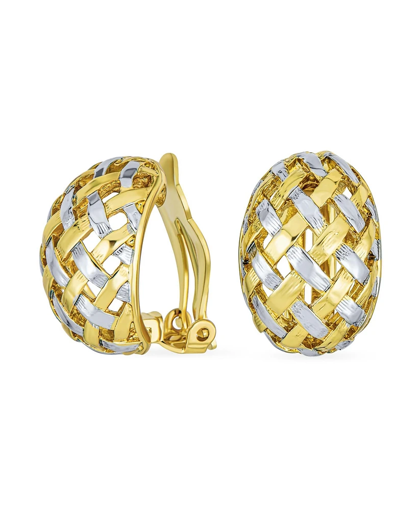 Bling Jewelry Half Hoop Shrimp Style Woven Braided Dome Two Tone Open Basket Weave Clip On Earrings For Women Button Style Non Pierced Ears Silver Gol