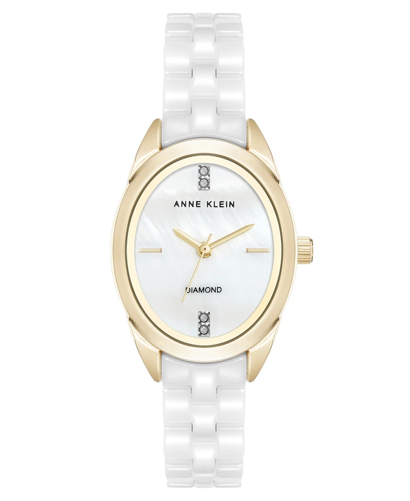 Anne Klein Women's Quartz White Ceramic Oval Diamond Dial Watch, 27mm