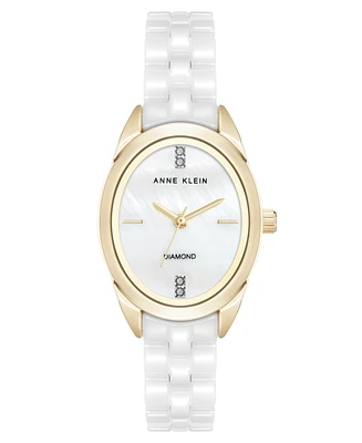 Anne Klein Women's Quartz White Ceramic Oval Diamond Dial Watch, 27mm