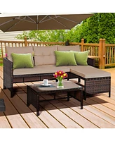 Gymax 3PCS Outdoor Rattan Furniture Set Patio Couch Sofa Set w/ Coffee Table