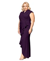 Betsy & Adam Plus Cascading Ruffle Wrap Gown