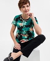 Jm Collection Women's Printed Embellished-Neck T-Shirt, Exclusively at Macy's