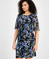 Connected Petite Floral-Print Faux-Wrap Dress