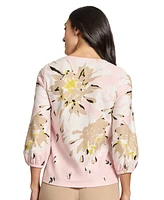 Jones New York Women's Pleat-Neck 3/4-Sleeve Floral-Print Top