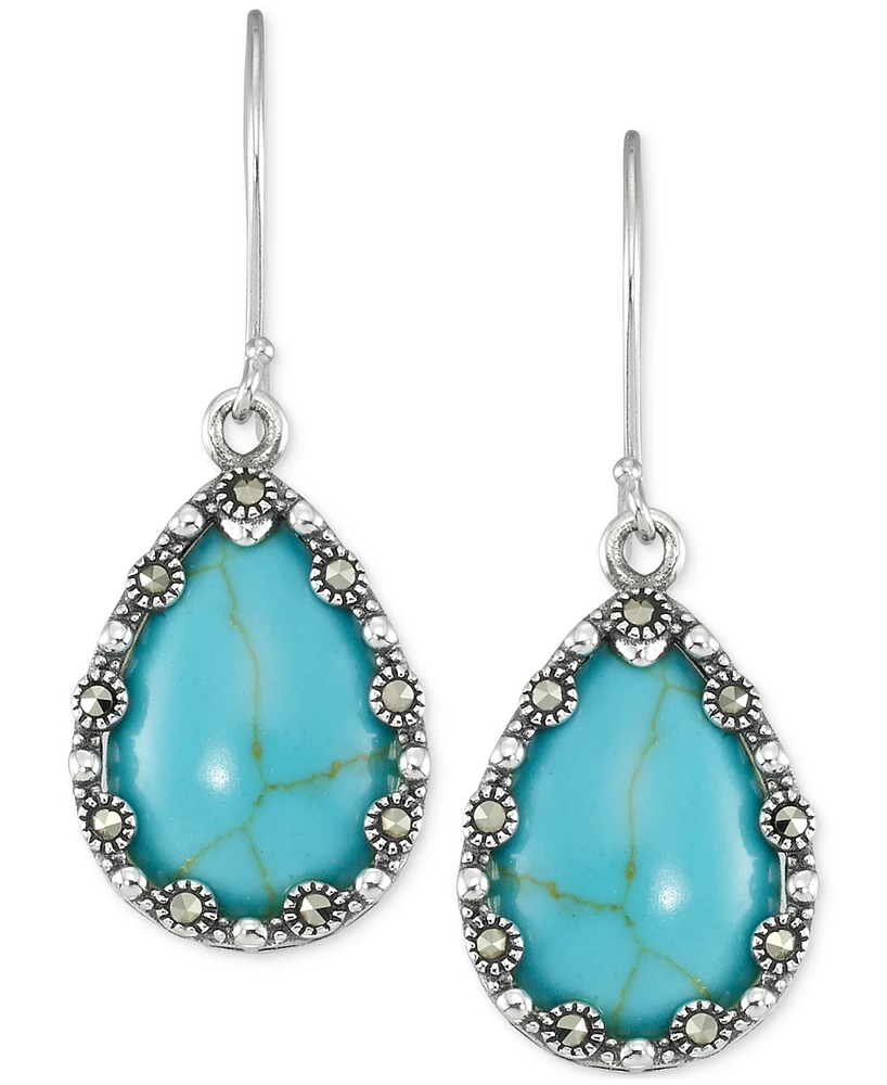 Marcasite & Synthetic Turquoise Drop Earrings in Sterling Silver