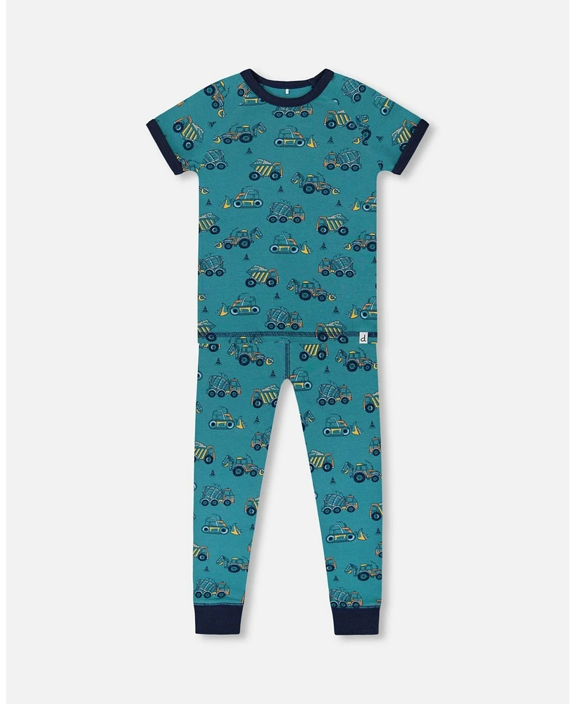 Deux par Toddler Boys Organic Cotton Two-Piece Short Sleeve Top And Pant Pajama Set Teal With Yellow Truck - Toddler|Child