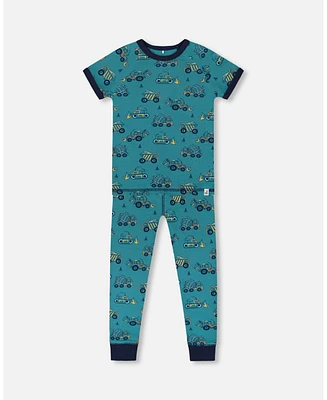 Boy Organic Cotton Two-Piece Short Sleeve Top And Pant Pajama Set Teal With Yellow Truck - Toddler|Child