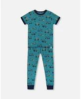 Deux par Toddler Boys Organic Cotton Two-Piece Short Sleeve Top And Pant Pajama Set Teal With Yellow Truck - Toddler|Child