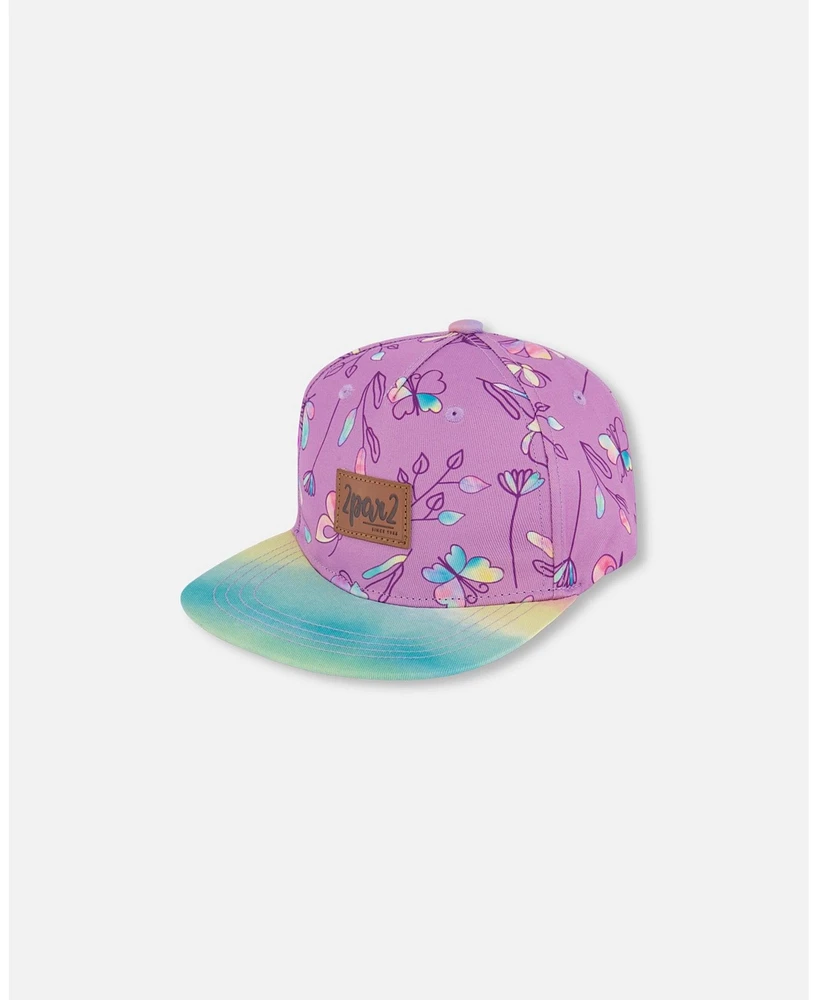 Deux par Deux Baby Girls Printed Cap Old Mauve And Multicolored Butterflies