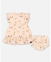 Deux par Baby Girls Printed Cotton Dress And Bloomer Set Peach With Pears