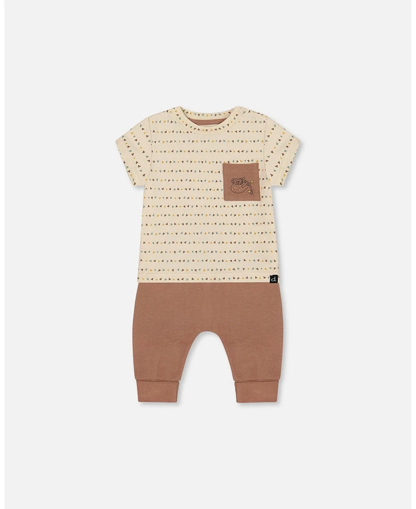 Deux par Baby Boys Printed Organic Cotton Top And Pant Set Brown, Beige, Monkey