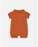 Deux par Baby Boys Short Sleeve Muslin Romper Terracotta