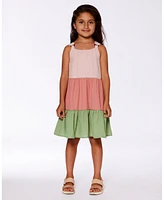Deux par Big Girls Tiered Color Block Peasant Dress Peach Pink And Green