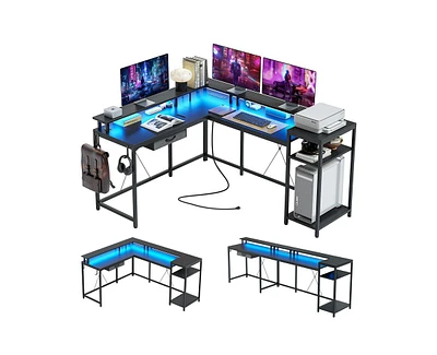 gaomon L Shaped Desk with Drawers and Led Lights, 55 Inch Computer Desk with Shelves & Monitor Stand