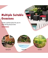 Gymax 3PCS Patio Pe Rattan Conversation Furniture Set Bistro Set w/ Waterproof Cover Red