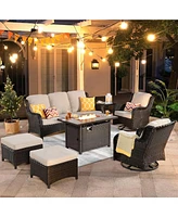 Xizzi Outdoor Swivel Rocking Chairs Set, Patio Furniture Set with 50,000 Btu Rectangular Propane Fire Pit Table, 7 Pieces High Back Conversation Sofa