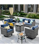 Xizzi Patio Furniture Set 6 Piece Outdoor Sectional Sofa Set with Rocking Swivel Chairs Square Fire Pit Table Loveseat All Weather Wicker Rattan Conve