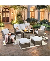 Xizzi Patio Furniture Sets Outdoor Swivel Rocking Chairs with 50,000 Btu Propane Fire Pit Table 7 Pieces All Weather Pe Wicker Conversation Sofa and M