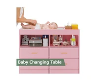 gaomon Dresser for Bedroom with 6 Drawers, Baby Changing Table Dresser with Changing Pad, Led Lights & Charging Station