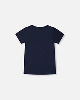 Deux par Toddler Boys Cotton Graphic Tee Smiling Navy Blue - Toddler|Child