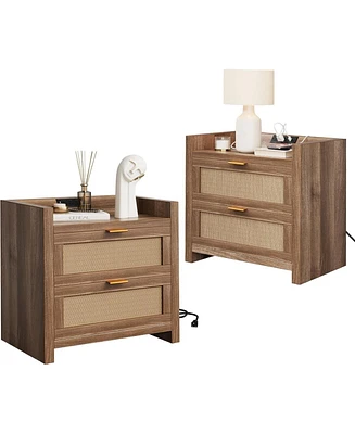 gaomon Night Stand Set of 2, Modern Nightstand with Type-c Charging Station, Bedside Tables with 2 Pe Rattan Drawers, Rattan Nightstands for Bedroom L