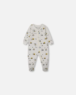 Deux par Baby Boys Printed Cotton One-Piece Pajama Off-White And Multi Truck