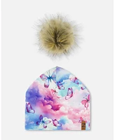 Deux par Deux Baby Girls Printed Jersey Detachable Pompom Hat Butterflies On Multicolored Background