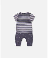 Deux par Baby Boys Organic Cotton Top And Muslin Pant Set Striped Navy