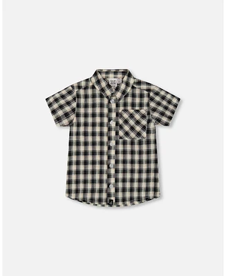 Deux par Baby Boys Short Sleeve Button Down Shirt Black And Beige Plaid