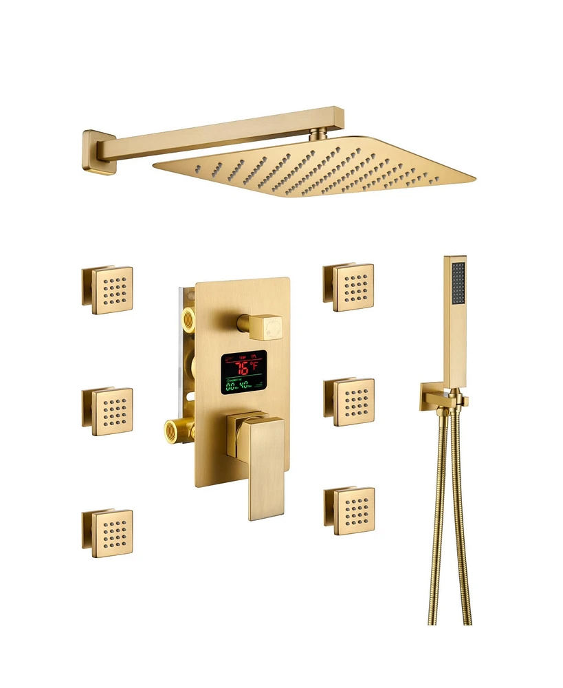 Boyel Living Brushed Gold Wall Mount Thermostatic Rain Shower System with Handheld Shower Shower System with Side Body Jets and Digital Display