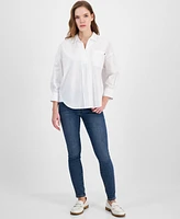 Nautica Jeans Women's Cotton Collared V-Neck Long-Sleeve Blouse