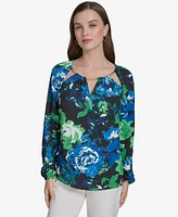 Halston Women's Floral-Print Chain Cut-Out Blouse