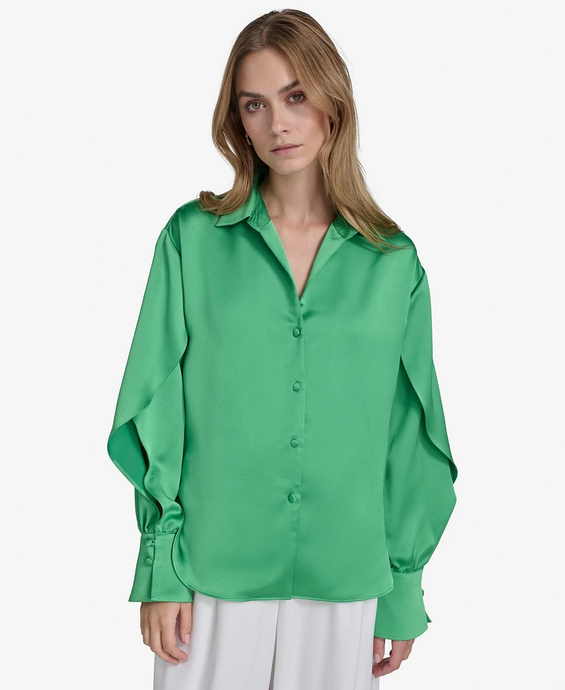 Halston Women's Satin Button-Front Open-Sleeve Blouse