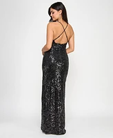 pear culture Juniors' Sequin Plunge-Neck Side-Slit Gown